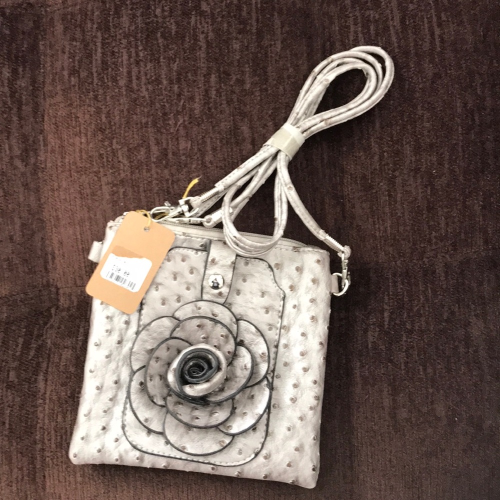 NWT - 7" X 7" grey leather crossbody purse